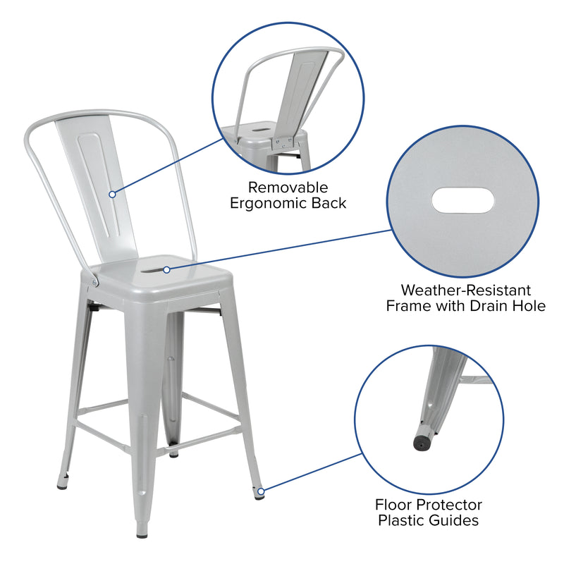 Commercial Grade 24" High Silver Metal Indoor-Outdoor Counter Height Stool with Removable Back