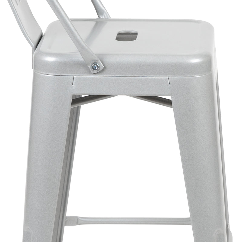 Commercial Grade 24" High Silver Metal Indoor-Outdoor Counter Height Stool with Removable Back