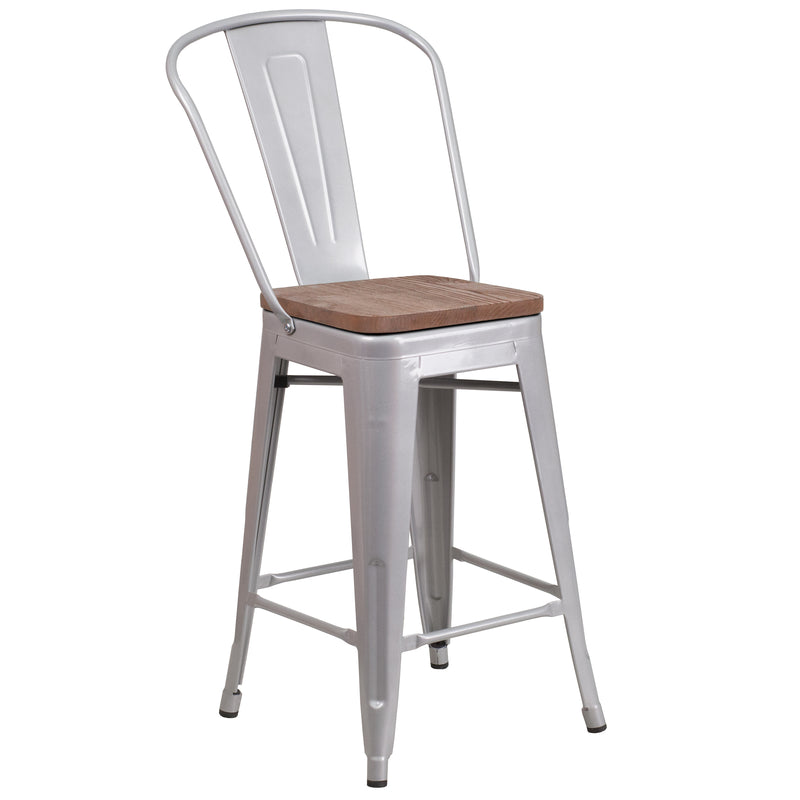 24" High Silver Metal Counter Height Stool with Back and Wood Seat