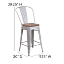 24" High Silver Metal Counter Height Stool with Back and Wood Seat