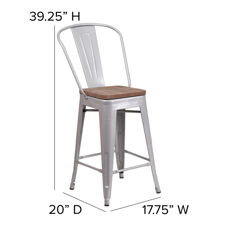 24" High Silver Metal Counter Height Stool with Back and Wood Seat