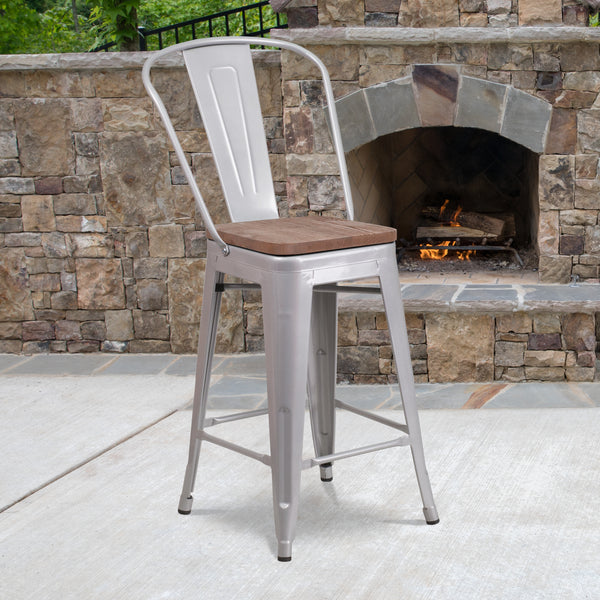 24" High Silver Metal Counter Height Stool with Back and Wood Seat