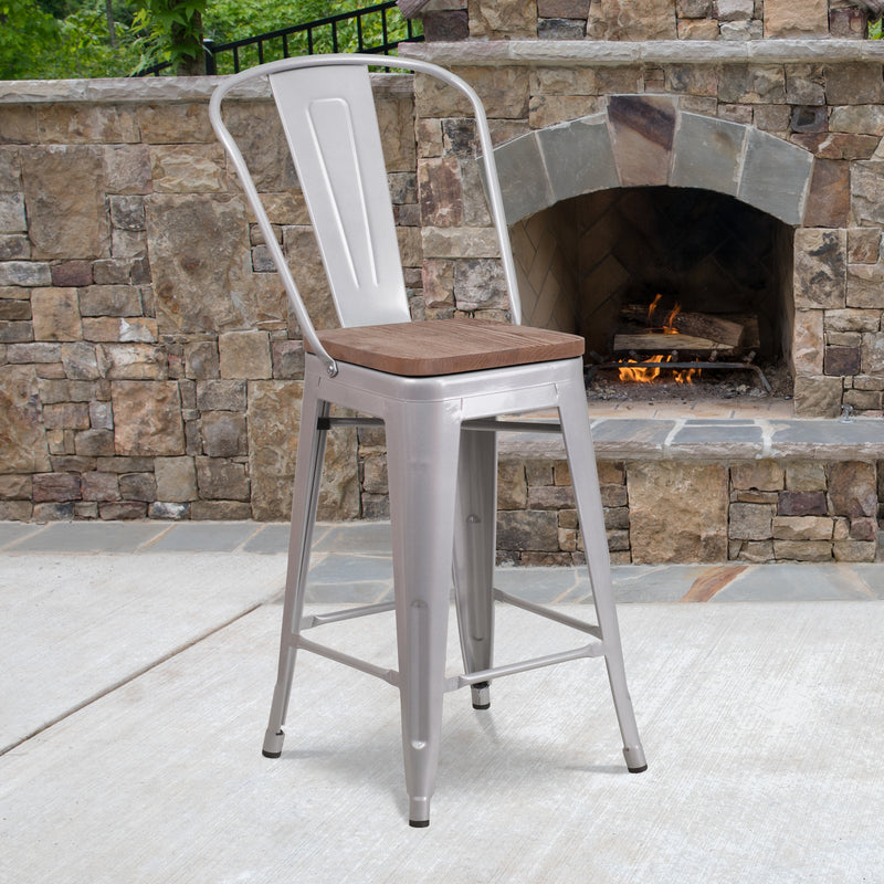 24" High Silver Metal Counter Height Stool with Back and Wood Seat