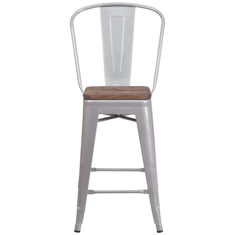 24" High Silver Metal Counter Height Stool with Back and Wood Seat