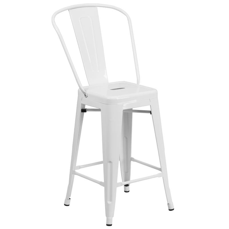 Commercial Grade 24" High White Metal Indoor-Outdoor Counter Height Stool with Removable Back