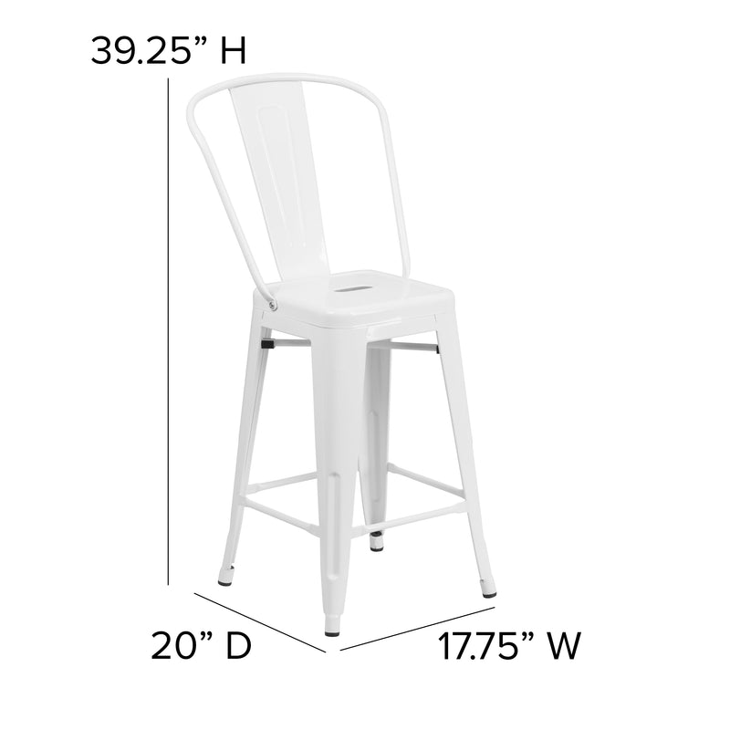 Commercial Grade 24" High White Metal Indoor-Outdoor Counter Height Stool with Removable Back