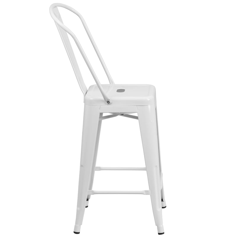 Commercial Grade 24" High White Metal Indoor-Outdoor Counter Height Stool with Removable Back