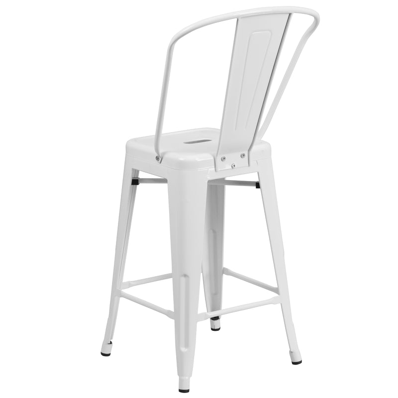 Commercial Grade 24" High White Metal Indoor-Outdoor Counter Height Stool with Removable Back