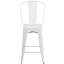 Commercial Grade 24" High White Metal Indoor-Outdoor Counter Height Stool with Removable Back