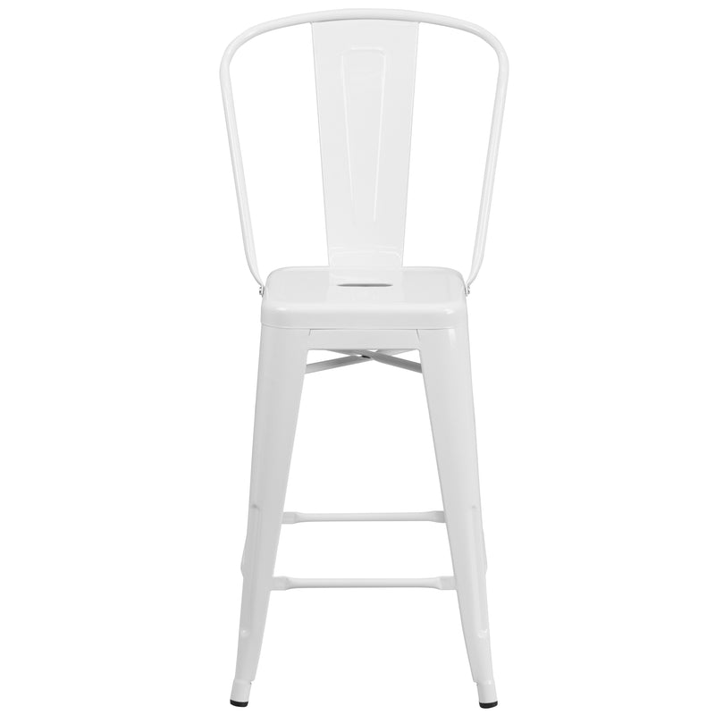 Commercial Grade 24" High White Metal Indoor-Outdoor Counter Height Stool with Removable Back