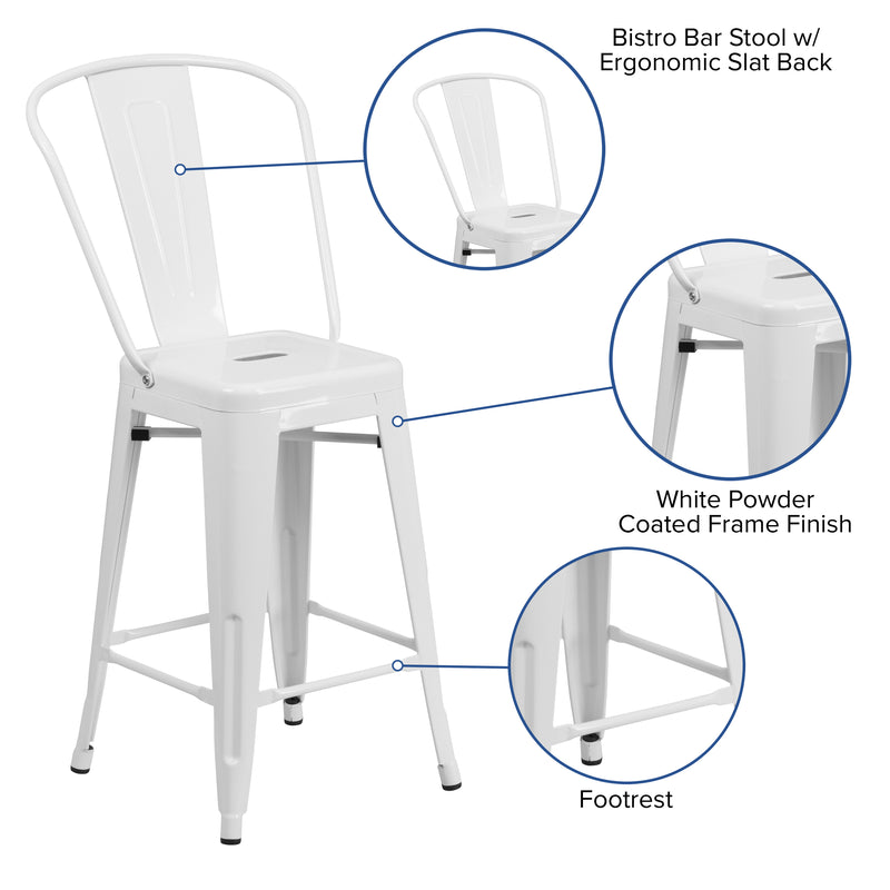 Commercial Grade 24" High White Metal Indoor-Outdoor Counter Height Stool with Removable Back