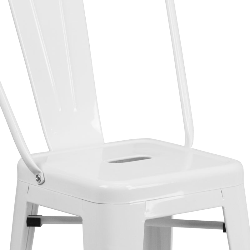 Commercial Grade 24" High White Metal Indoor-Outdoor Counter Height Stool with Removable Back