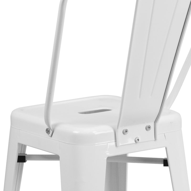 Commercial Grade 24" High White Metal Indoor-Outdoor Counter Height Stool with Removable Back