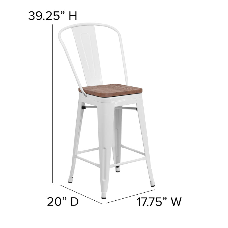 24" High White Metal Counter Height Stool with Back and Wood Seat