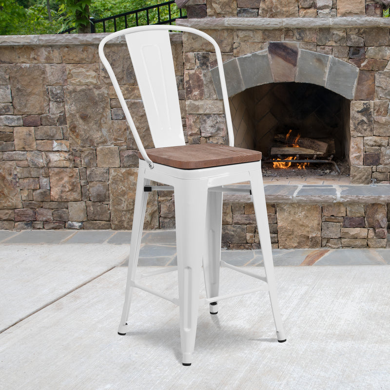 24" High White Metal Counter Height Stool with Back and Wood Seat