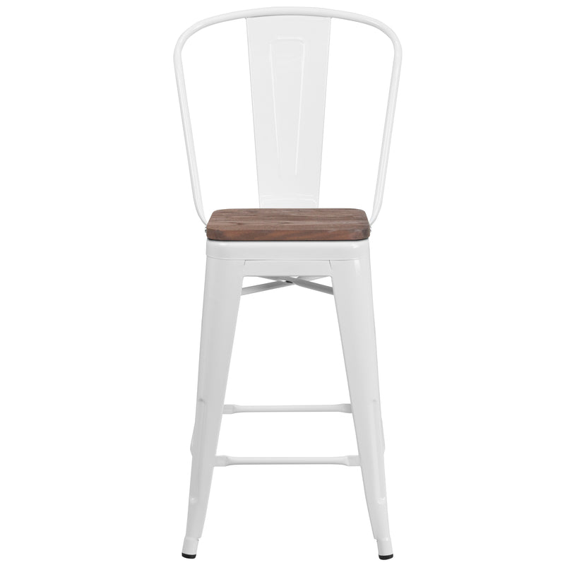 24" High White Metal Counter Height Stool with Back and Wood Seat