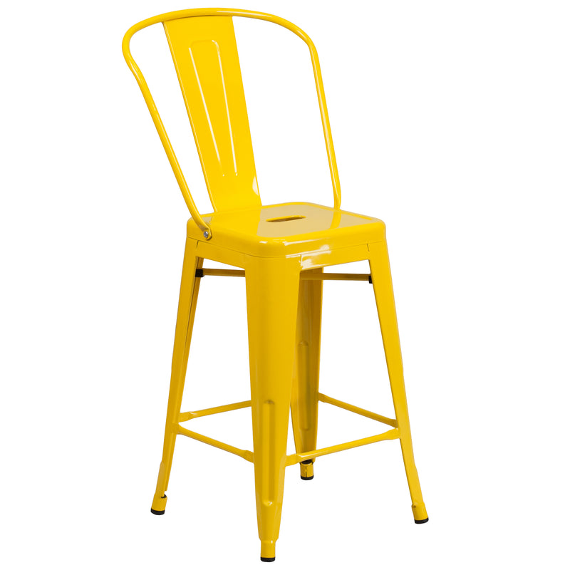 Commercial Grade 24" High Yellow Metal Indoor-Outdoor Counter Height Stool with Removable Back