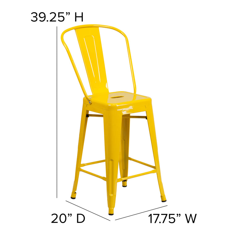 Commercial Grade 24" High Yellow Metal Indoor-Outdoor Counter Height Stool with Removable Back