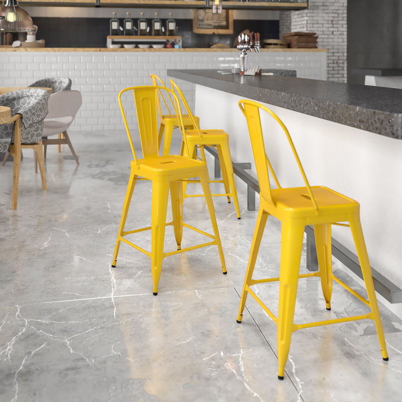 Commercial Grade 24" High Yellow Metal Indoor-Outdoor Counter Height Stool with Removable Back