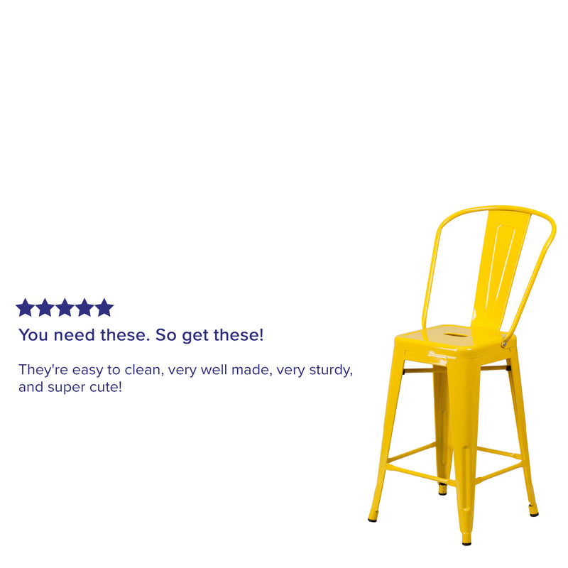 Commercial Grade 24" High Yellow Metal Indoor-Outdoor Counter Height Stool with Removable Back