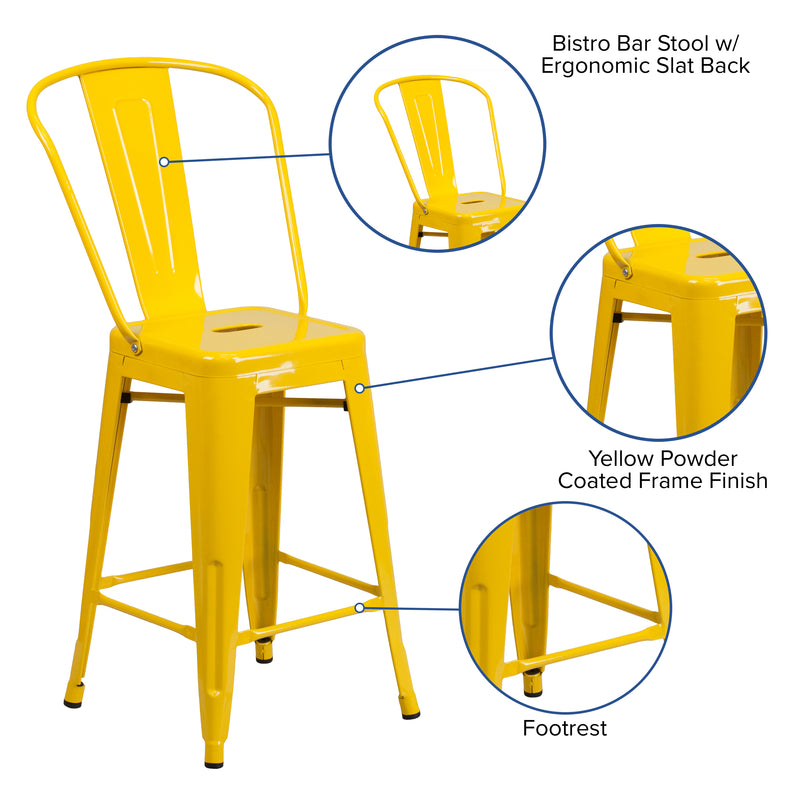 Commercial Grade 24" High Yellow Metal Indoor-Outdoor Counter Height Stool with Removable Back