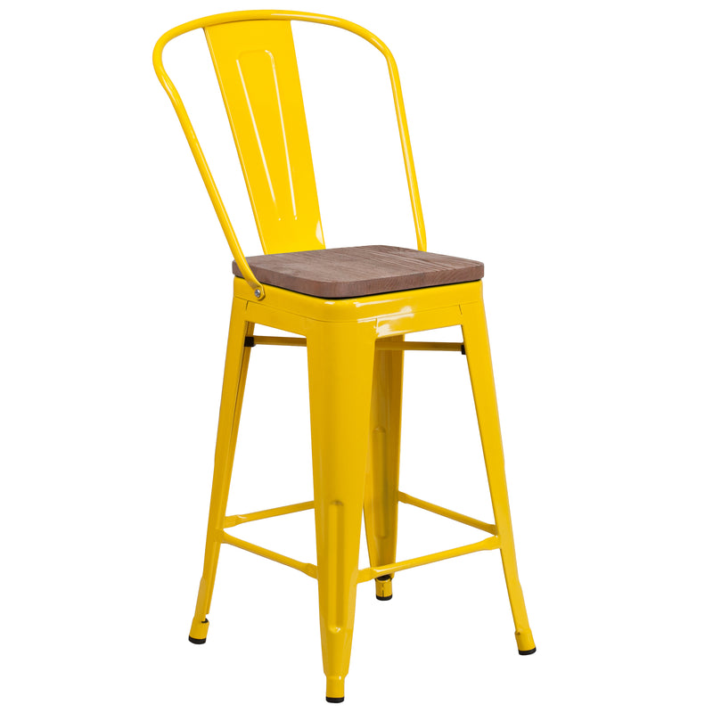 24" High Yellow Metal Counter Height Stool with Back and Wood Seat