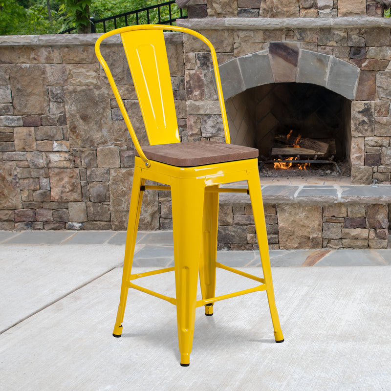 24" High Yellow Metal Counter Height Stool with Back and Wood Seat