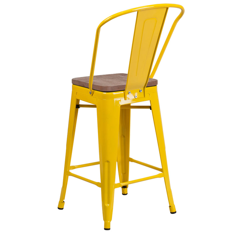 24" High Yellow Metal Counter Height Stool with Back and Wood Seat