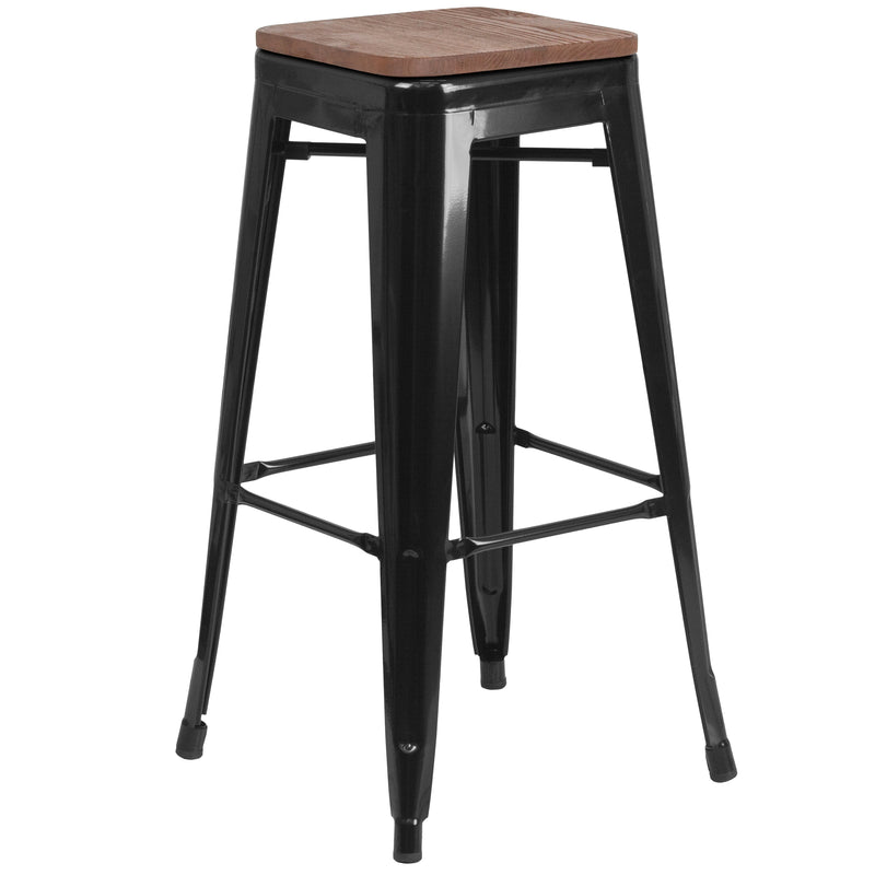 30" High Backless Black Metal Barstool with Square Wood Seat