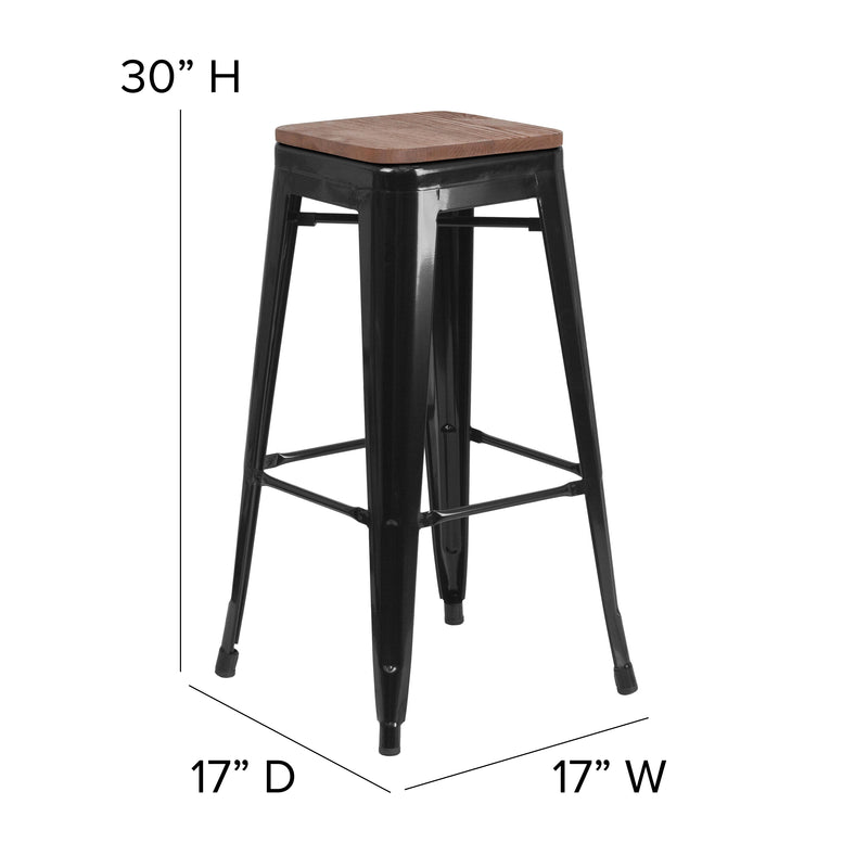 30" High Backless Black Metal Barstool with Square Wood Seat