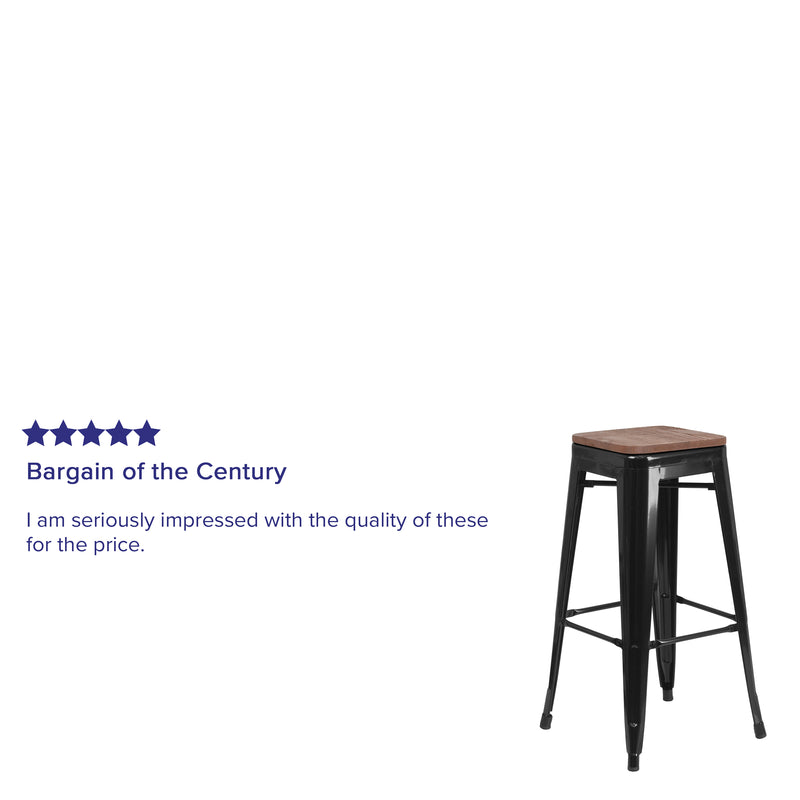 30" High Backless Black Metal Barstool with Square Wood Seat