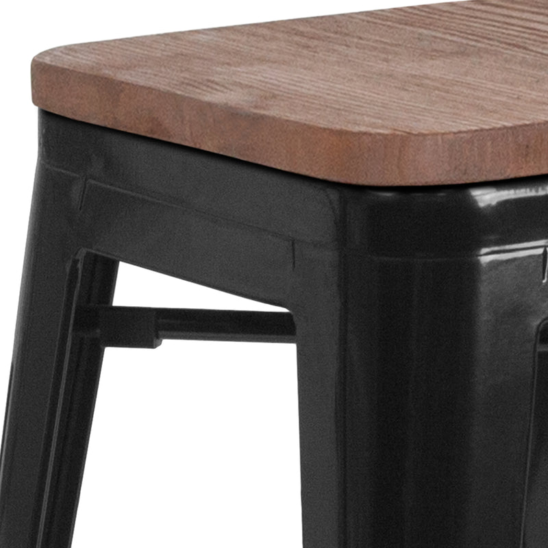 30" High Backless Black Metal Barstool with Square Wood Seat