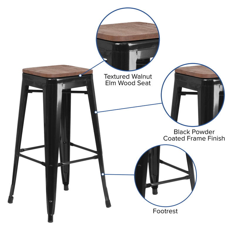 30" High Backless Black Metal Barstool with Square Wood Seat