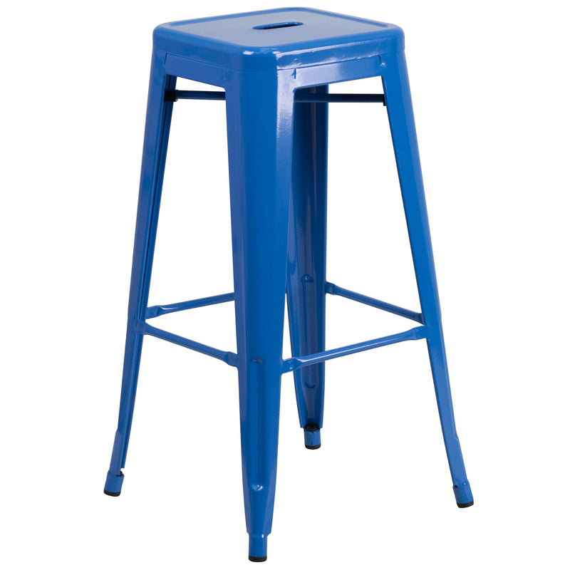 Commercial Grade 30" High Backless Blue Metal Indoor-Outdoor Barstool with Square Seat