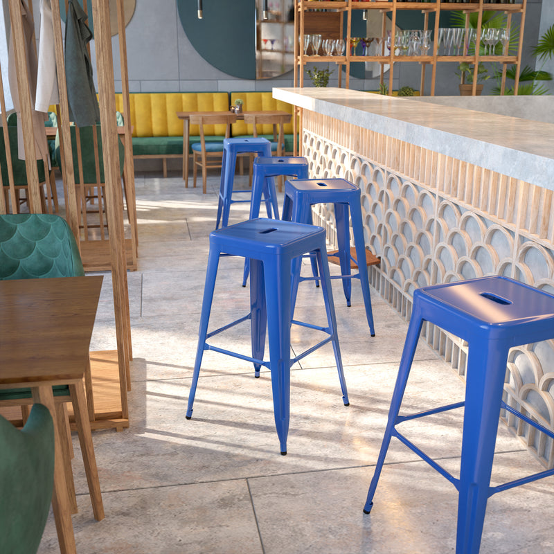 Commercial Grade 30" High Backless Blue Metal Indoor-Outdoor Barstool with Square Seat