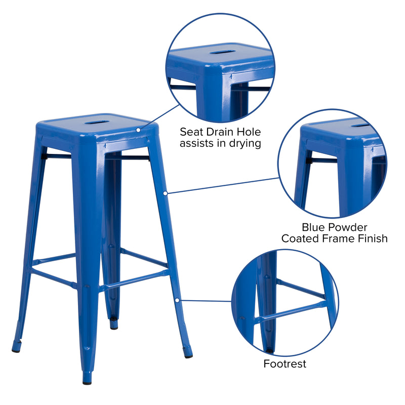 Commercial Grade 30" High Backless Blue Metal Indoor-Outdoor Barstool with Square Seat