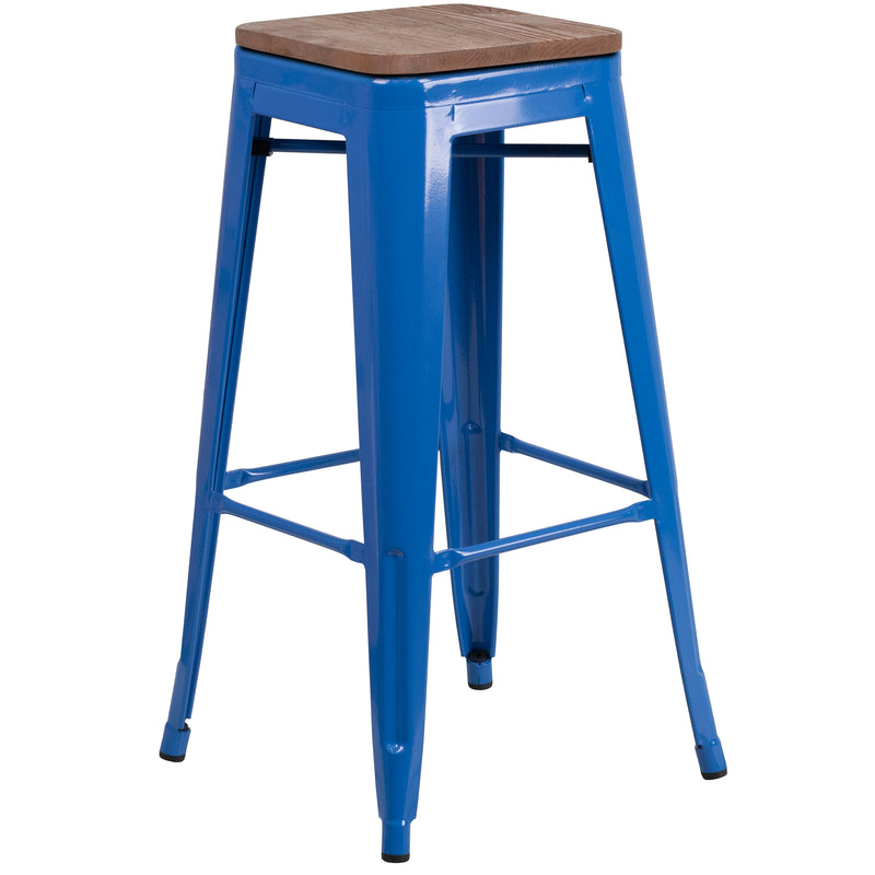 30" High Backless Blue Metal Barstool with Square Wood Seat