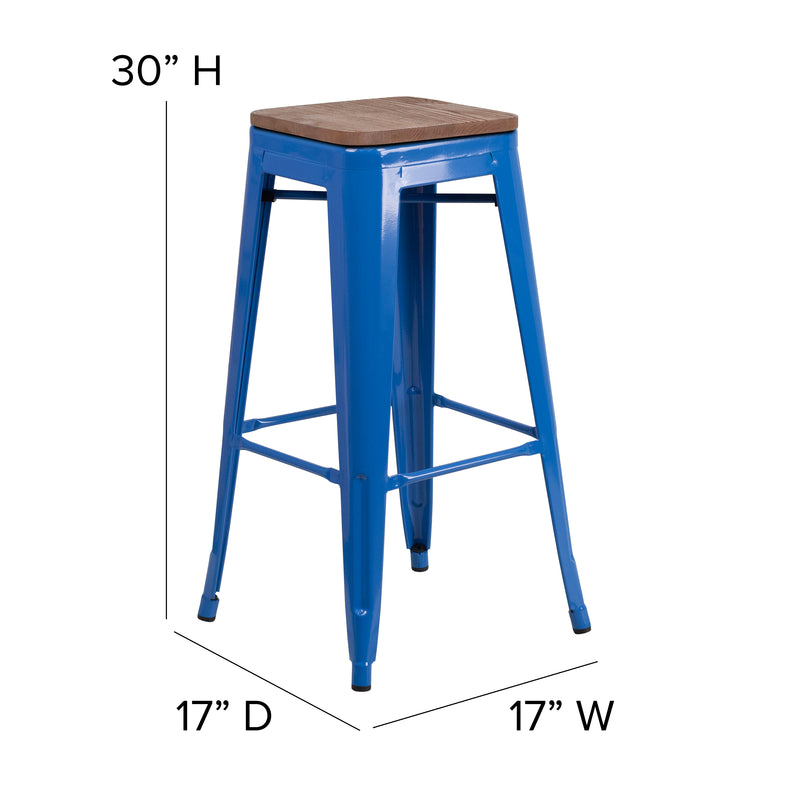 30" High Backless Blue Metal Barstool with Square Wood Seat