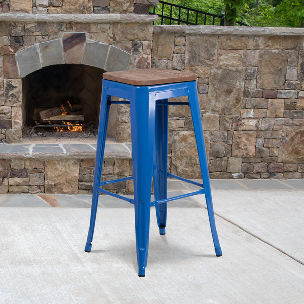 30" High Backless Blue Metal Barstool with Square Wood Seat