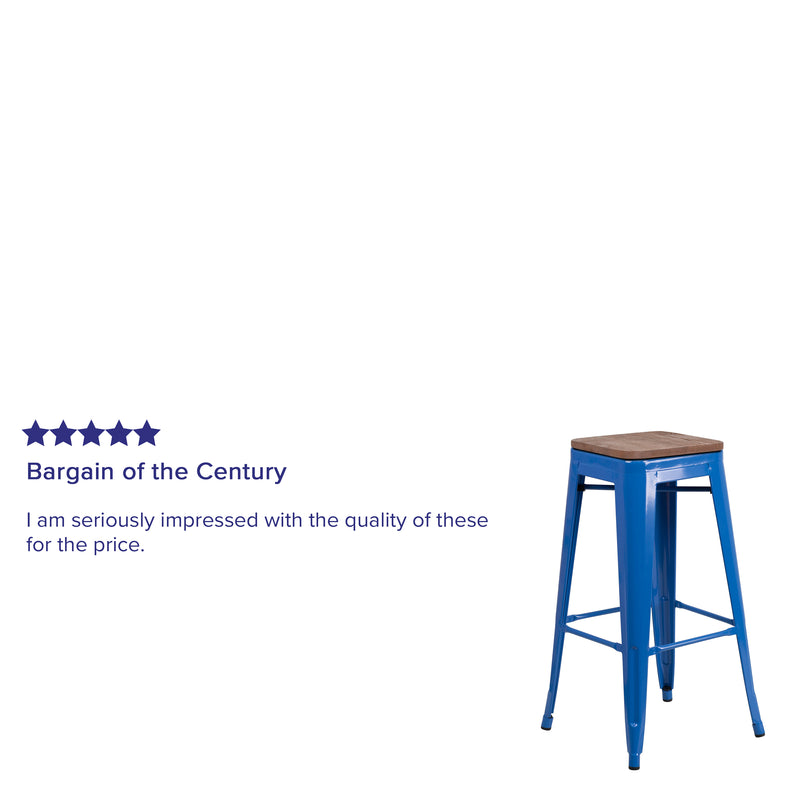 30" High Backless Blue Metal Barstool with Square Wood Seat