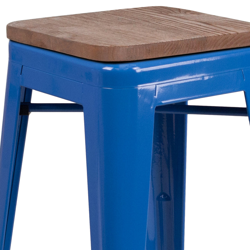 30" High Backless Blue Metal Barstool with Square Wood Seat