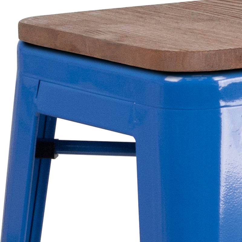 30" High Backless Blue Metal Barstool with Square Wood Seat