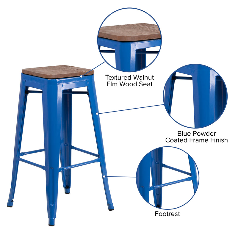 30" High Backless Blue Metal Barstool with Square Wood Seat