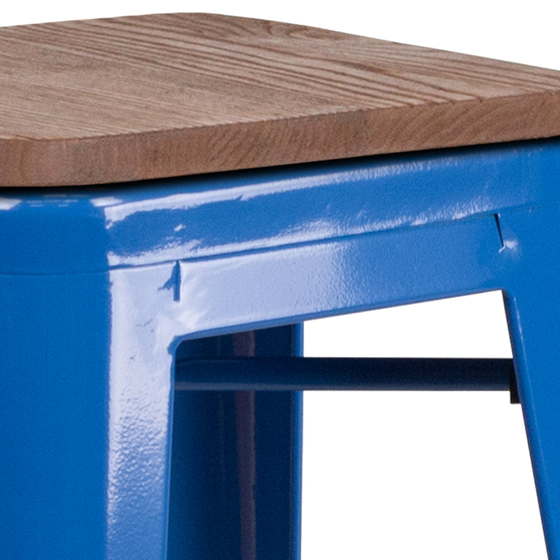 30" High Backless Blue Metal Barstool with Square Wood Seat