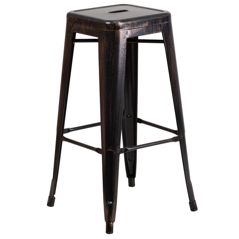 Commercial Grade 30" High Backless Black-Antique Gold Metal Indoor-Outdoor Barstool with Square Seat