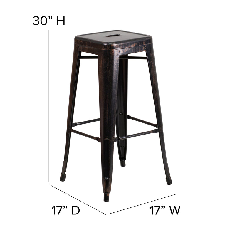 Commercial Grade 30" High Backless Black-Antique Gold Metal Indoor-Outdoor Barstool with Square Seat