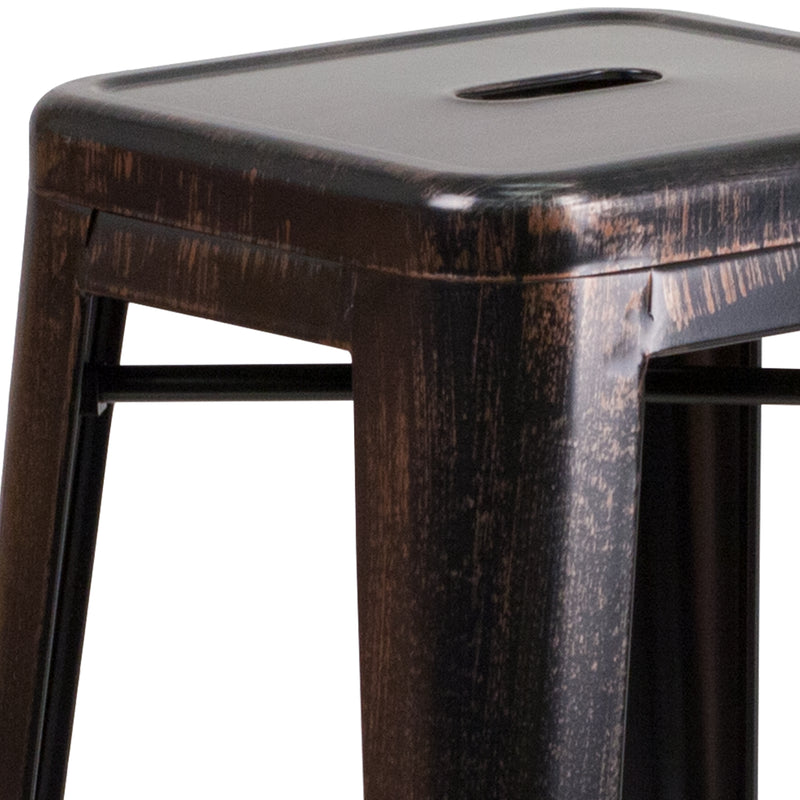 Commercial Grade 30" High Backless Black-Antique Gold Metal Indoor-Outdoor Barstool with Square Seat