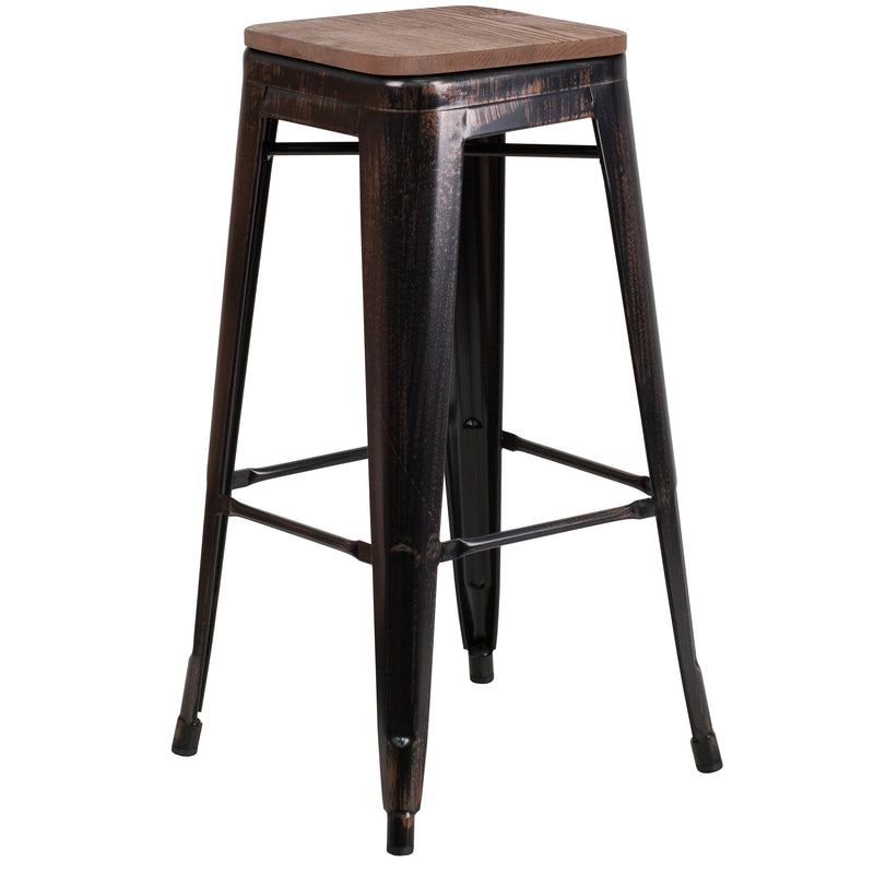 30" High Backless Black-Antique Gold Metal Barstool with Square Wood Seat