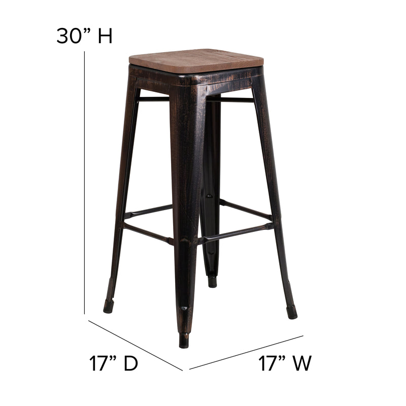 30" High Backless Black-Antique Gold Metal Barstool with Square Wood Seat