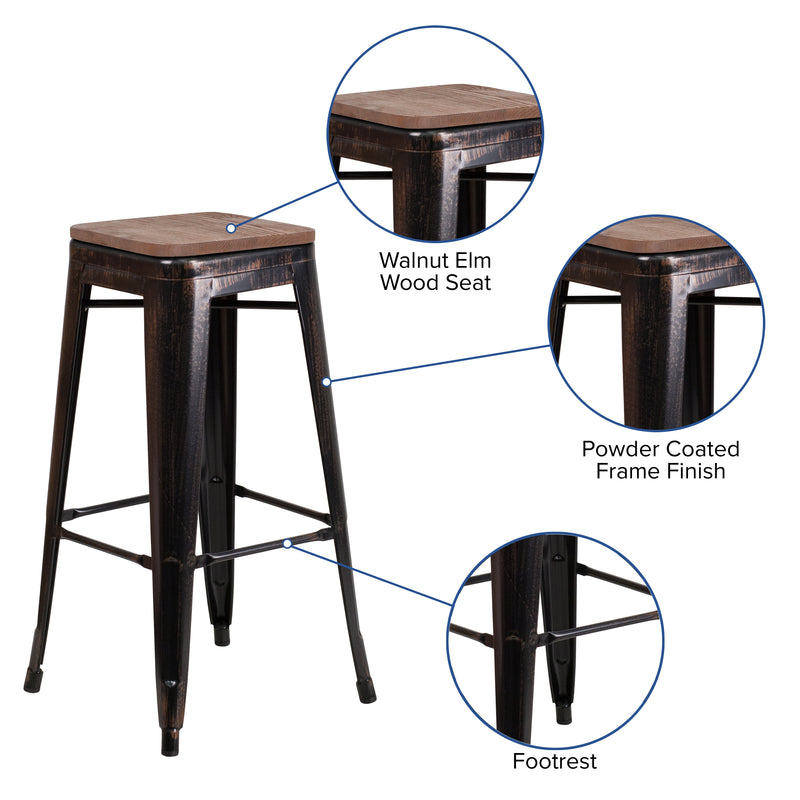 30" High Backless Black-Antique Gold Metal Barstool with Square Wood Seat